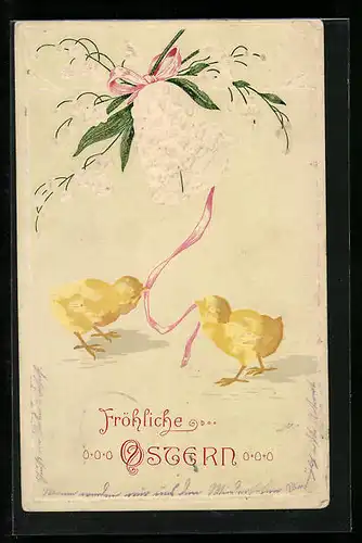 AK Osterküken mit Glocke aus Blüten