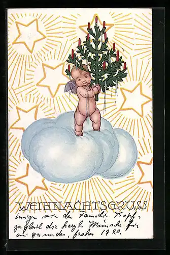 AK Weihnachtsengelchen mit Tannenbaum auf den Wolken