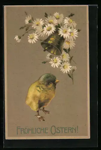 AK Osterküken mit Blüten und Glocke