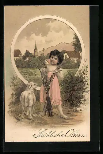 AK Kleines Mädchen mit Lämmchen