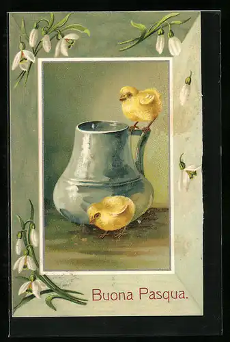AK Osterküken mit Schneeglöckchen und Vase