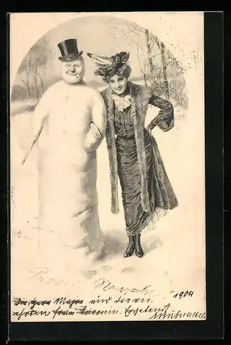 AK Dame neben Schneemann mit Zylinder