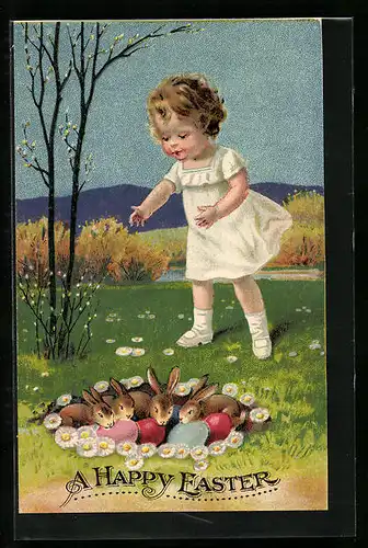 AK Mädchen entdeckt Osterhasen und Ostereier auf der Wiese, A Happy Easter!