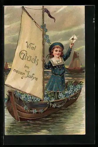 AK Kleine Matrosin auf dem Segelboot zum neuen Jahre