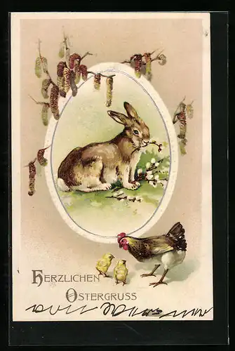 AK Osterhase mit Osterküken und Huhn