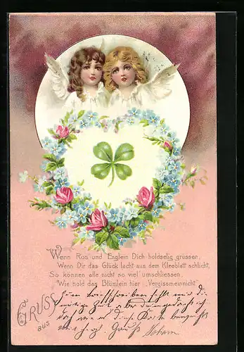 AK Engelchen mit Kleeblatt und Blumenkranz