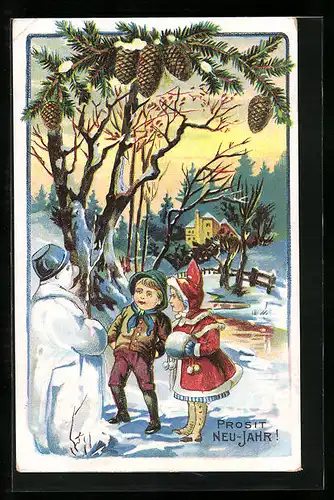 AK Prosit Neujahr, Kinder begrüssen Schneemann