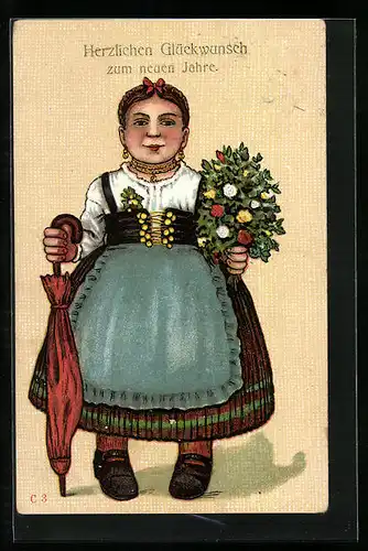 AK Dame in Tracht, Glückwunsch zu Neujahr