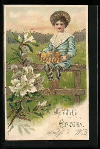 Künstler-AK Ostern, Junge sitzt mit Korb voller Ostereiern auf dem Zaun
