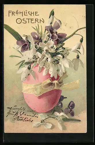 AK Blumen im Ei mit Schleife, Ostergruss