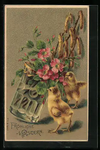 AK Osterküken, Vase mit Blumen