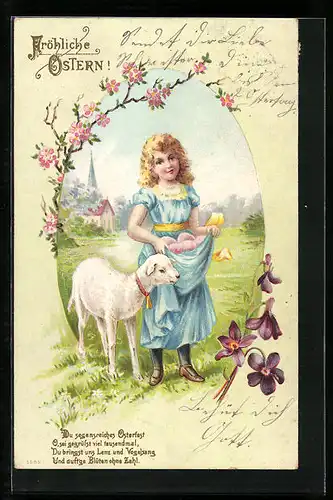 AK Mädchen mit Lämmchen zu Ostern