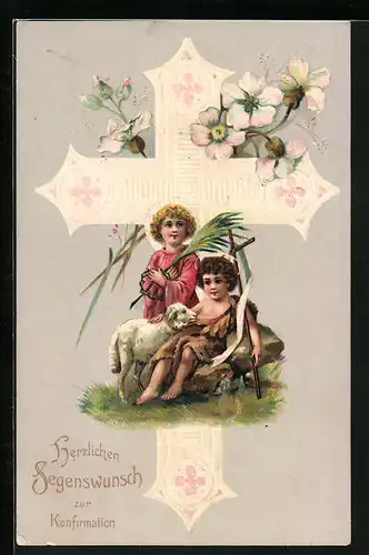 AK Kinder mit Lämmchen, Segenswunsch zur Konfirmation