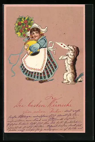 AK Glückwünsche zu Neujahr, Frau mit Hund