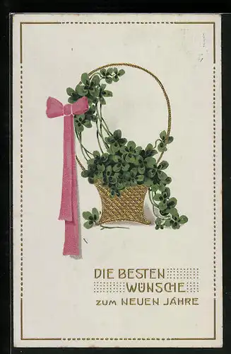 AK Glückwünsche zum Neujahr mit Korb voller Kleeblättern