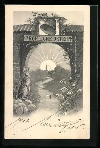 AK Osterhase im Torbogen, Fröhliche Ostern