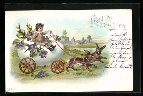 Künstler-AK Bube fährt in einer mit Blumen geschmückter Osterhasen-Kutsche
