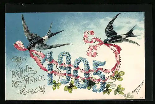 AK Fliegende Vögel tragen die Jahreszahl 1905 an rosafarbenen Schleifenband