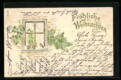 AK Fröhliche Weihnachten, Vögel am Fenster
