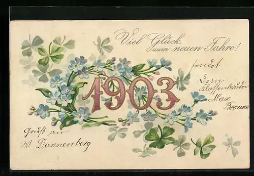AK Blumen und Klee umrahmen die Jahreszahl 1903, Viel Glück im neuen Jahre!