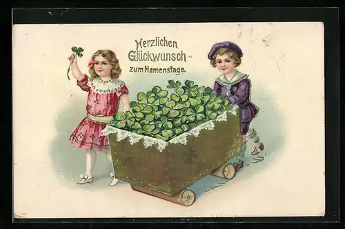 AK Glückwunsch zum Namenstag, Kinder mit Kleeblättern