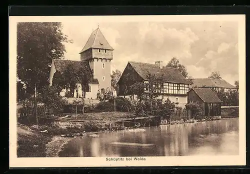 AK Schüptitz b. Weida, Ortsansicht mit Teich