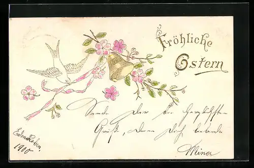 Präge-AK Fröhliche Ostern, Blütenzweig mit Glocke