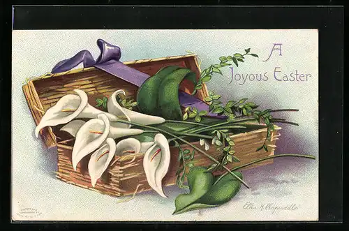 AK A Joyous Easter, Blumen im Korb, Ostern