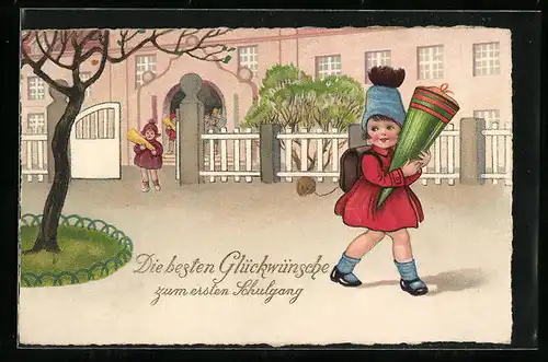 AK Mädchen mit Schultüte zum Schulanfang