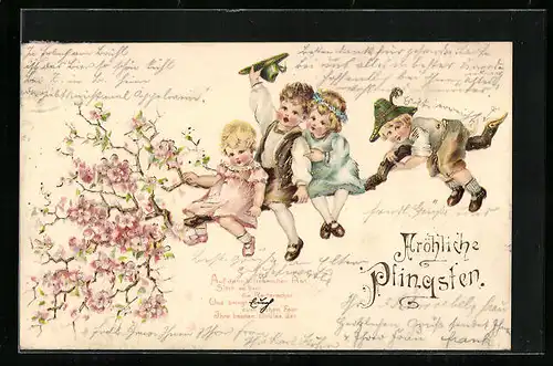 AK Kinder auf blühendem Zweig, Pfingsten