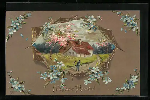 Präge-AK Fröhliche Pfingsten, Vergissmeinnicht