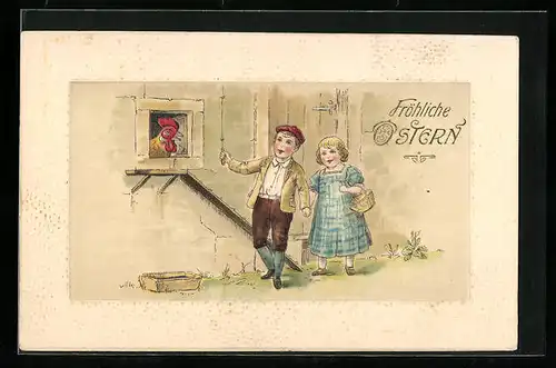 AK Fröhliche Ostern, Kinder besuchen Hühnerstall