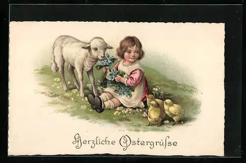 AK Herzliche Ostergrüsse, Mädchen mit Osterküken