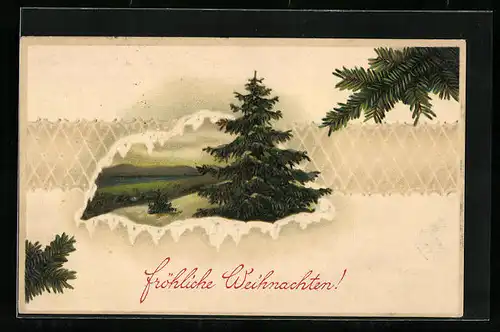 Präge-AK Tannenbaum in Winterlandschaft