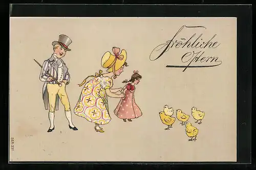 AK Osterküken begrüssen Familie