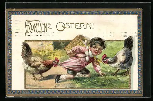 AK Hühner ziehen Mädchen am Kleid