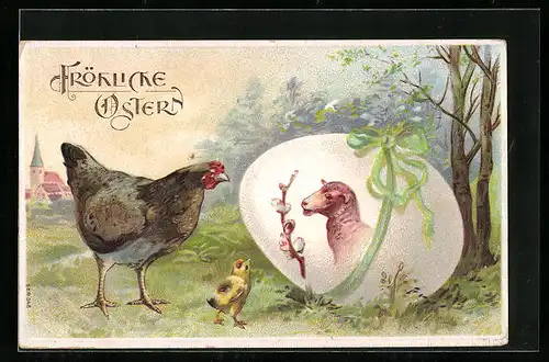 AK Fröhliche Ostern, Osterküken mit Lämmchen