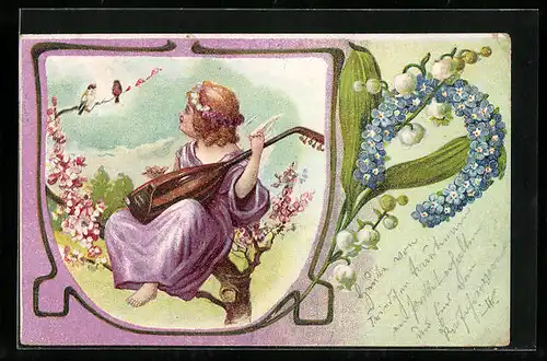AK Engelchen spielt die Laute, Hufeisen mit Vergissmeinnicht
