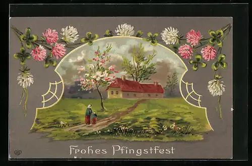 AK Frohes Pfingstfest, Kleeblätter, Idyllische Landschaft