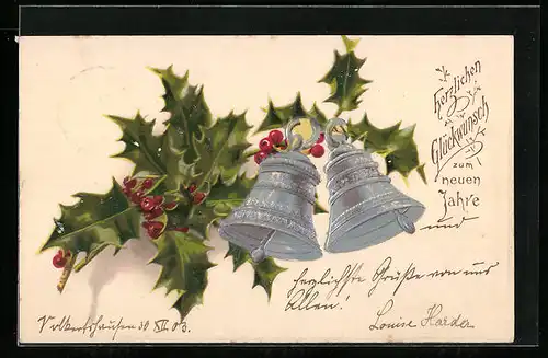 AK Frohe Weihnachten, Glocken mit Stechpalmenzweigen