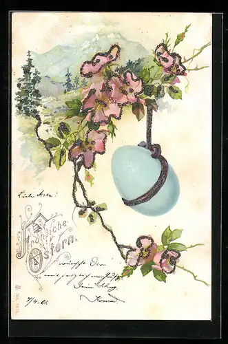 AK Blüten und Osterei zu Ostern