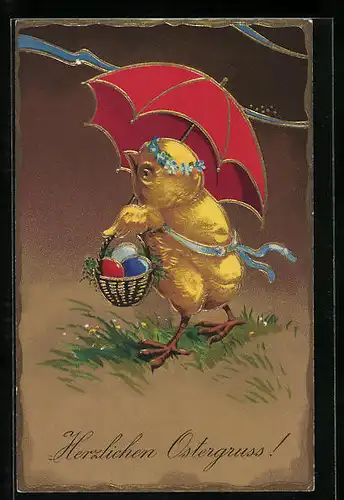 AK Osterküken mit Schirm und Ostereiern