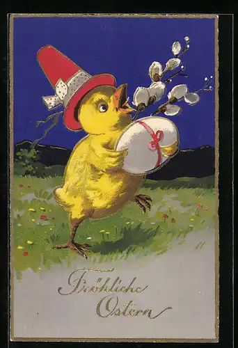 AK Osterküken mit Osterei und Hut