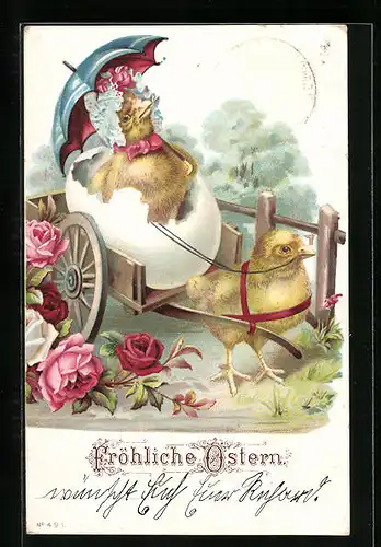 Lithographie Vermenschlichte Osterküken zieht Kutsche