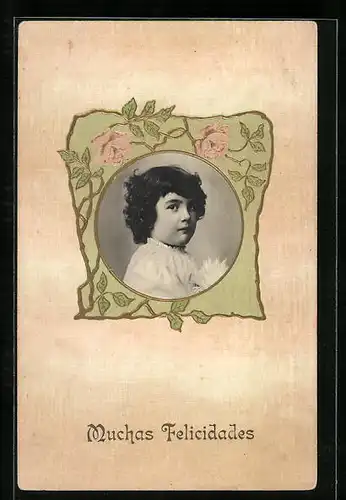 Foto-Collage-AK Muchas Felicidades, Kleiner Junge mit Rosen-Motiv