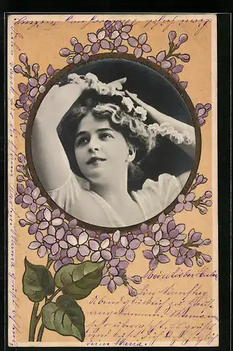 Foto-Collage-AK Dame im Portrait mit Blumen-Motiv