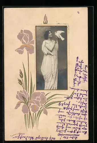 Foto-Collage-AK Dame mit Taube, Lilien-Motiv
