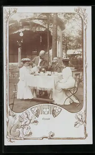 Foto-AK Gesellschaft beim Kaffee, Passepartout