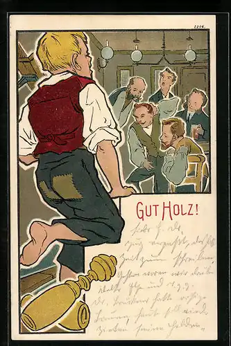 Künstler-AK Gut Holz, Männer beim Kegeln