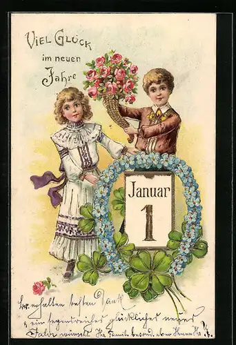Präge-AK Kinder mit Blumen zum neuen Jahre, Blumenbild